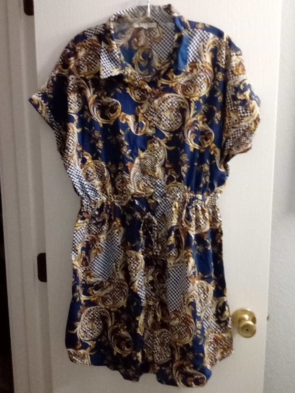 Speed Control Blue Paisley-Print Short Sleeve Dress with Gold Accents